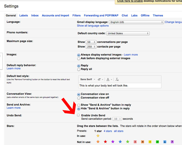 enable undo send button gmail